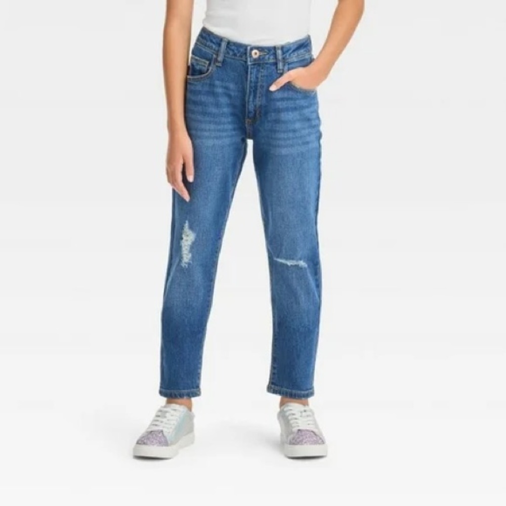 New - Art Class Girls High-Rise Tapered Cropped Jeans in Medium Wash Blue